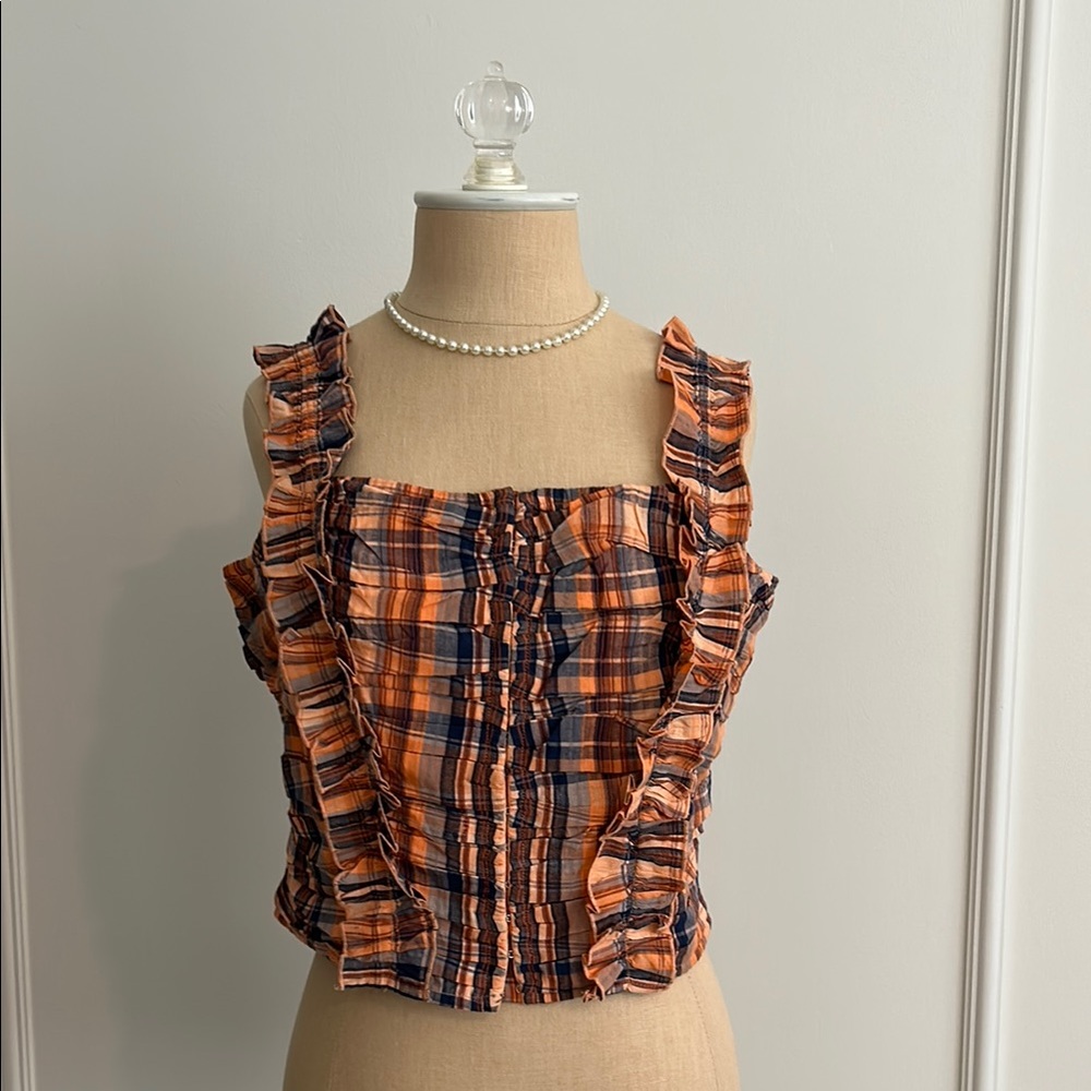 Anthropologie Plaid Ruffle Sleeveless Top - Orange and Blue Plaid, S, NWT